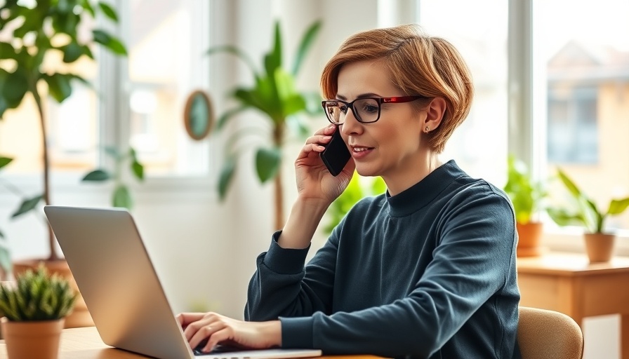 Woman in home office on laptop and phone, focused on improving workforce access to mental health care.