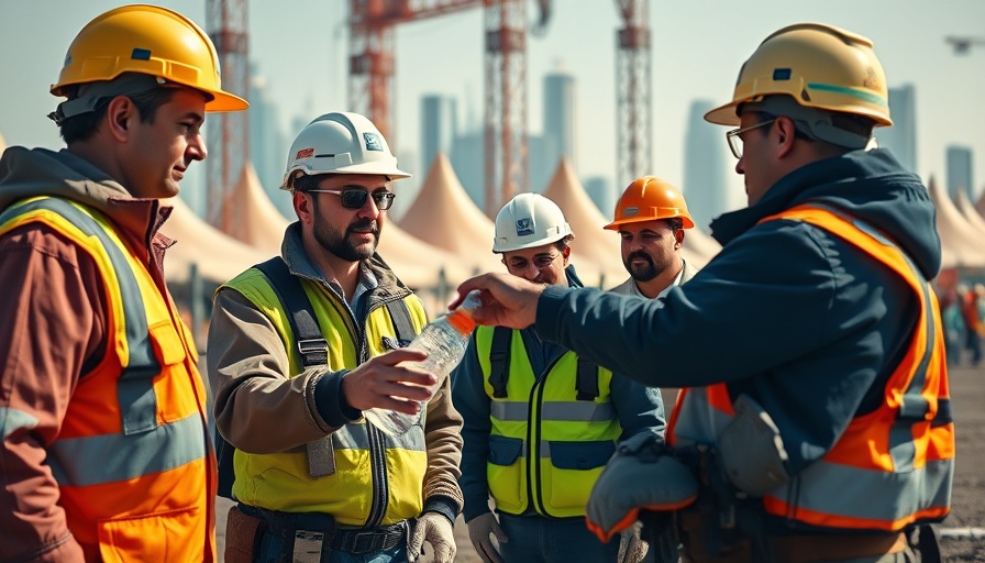 Construction workers receiving hydration to prevent heat-related illnesses at work.