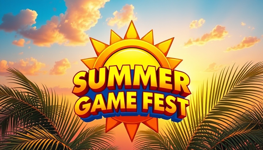 Summer Game Fest 2025 vibrant sun emblem with palm leaves and sunset sky.