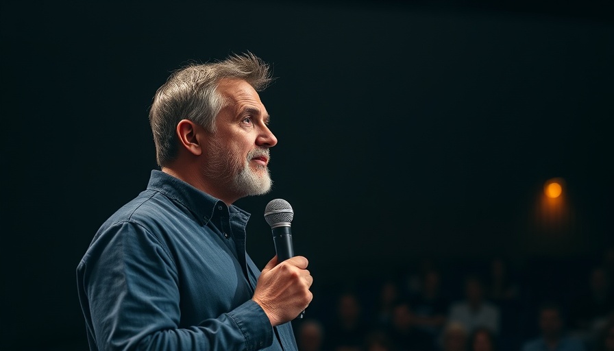 Man discussing mental health awareness on stage, focused expression.