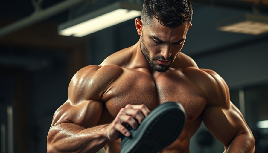 Muscular man in gym adjusting shoe with focus, ASEA cellular health products
