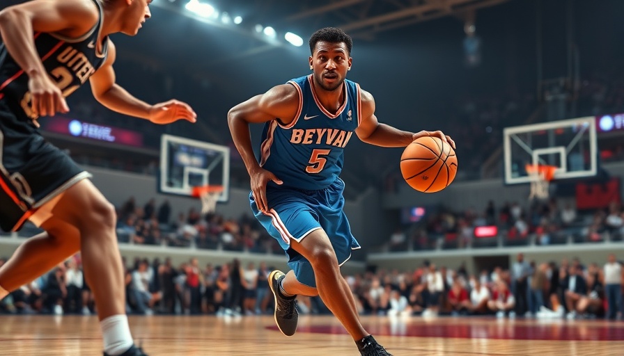 Dynamic basketball game action with player dribbling fast.