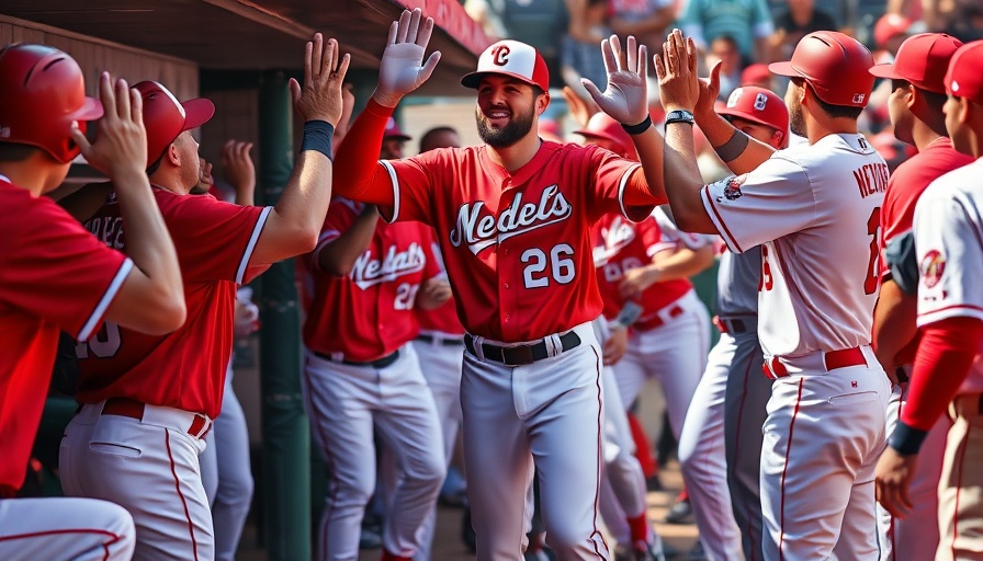 Acuña celebrates home run with teammates high-fiving, radiant energy.