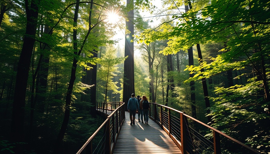 Hikers walking on a wooden bridge in a sunlit forest.
