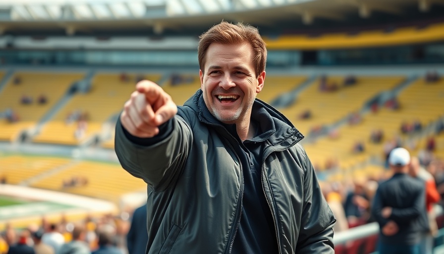 Smiling man pointing outdoors at sports event, vibrant.