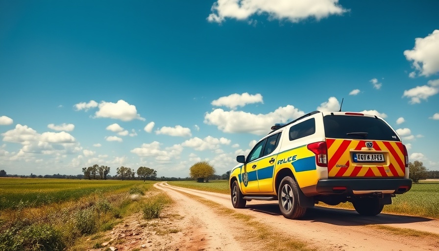 Police truck on a rural road under a clear blue sky.