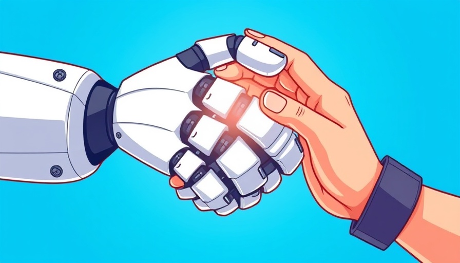 Robotic and human hands shaking, symbolizing AI integration in tech.
