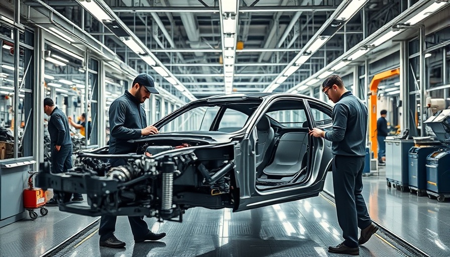 Technicians inspecting car chassis in modern assembly line.
