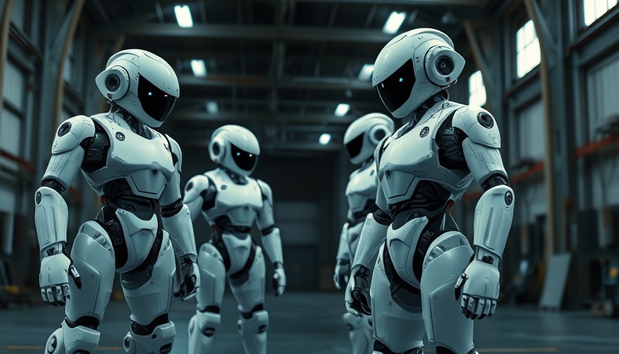 Faceless robots in a futuristic industrial environment, highlighting advanced technology.