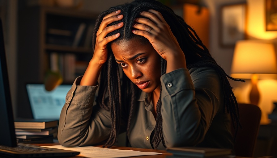 Stressed woman experiencing mental health leave from work at desk.