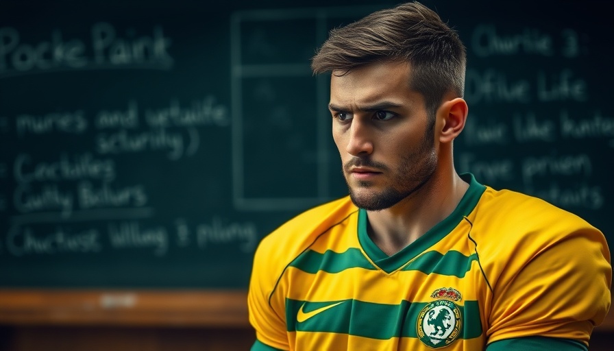 Focused football player in yellow jersey with tactical background.