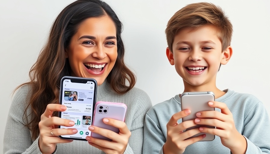 Mother and son using iOS parental control apps, smiling