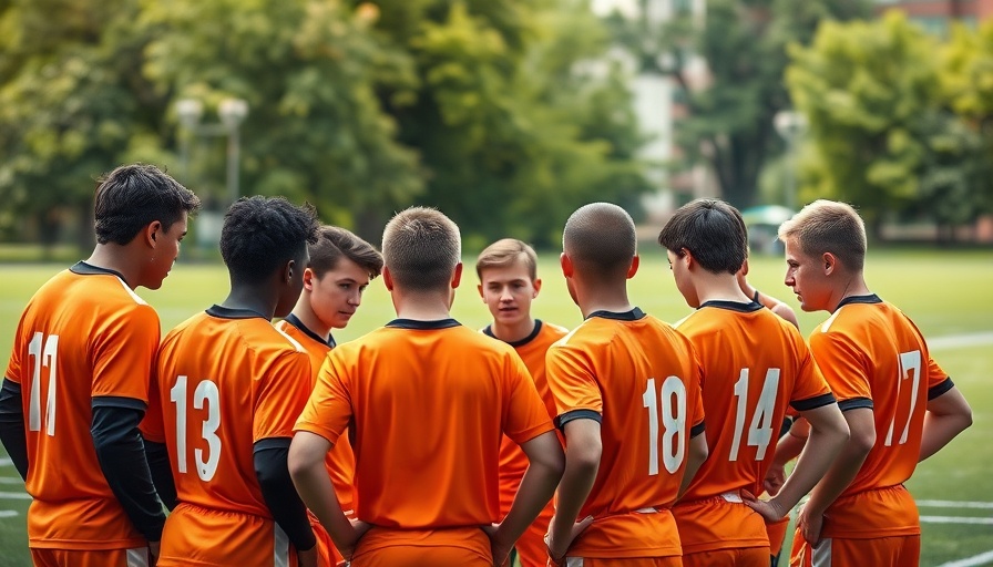Youth football team discussing strategy at the NFL Flag Football Championships.
