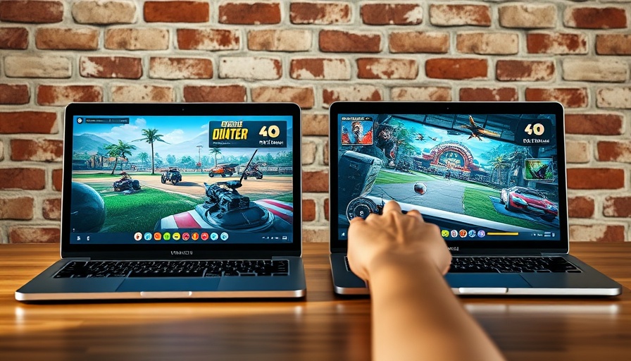 Apple gaming hub setup with laptops and games displayed.