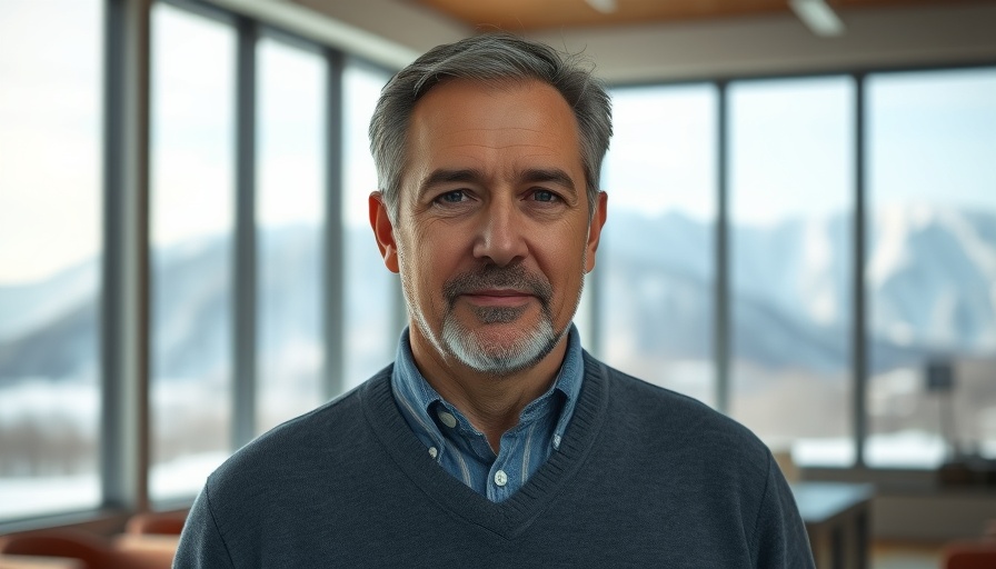 Middle-aged man in snowy mountain lodge, India culture focus.