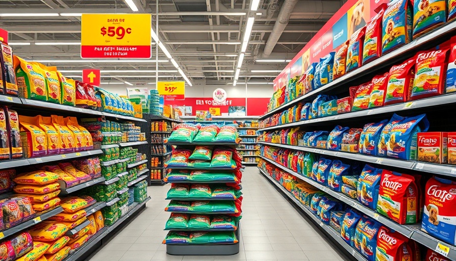 Dog food aisle showcasing health claims with colorful bags.