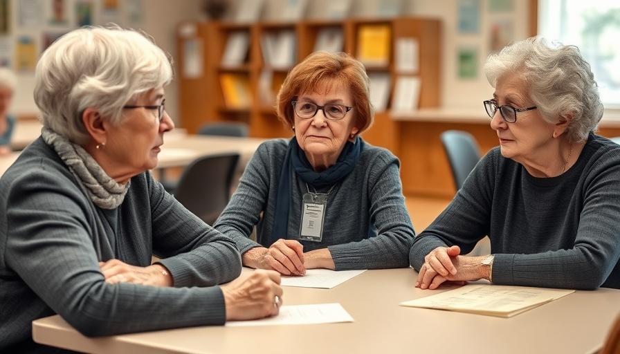 Older women in a community center discussing healthy eating tips.