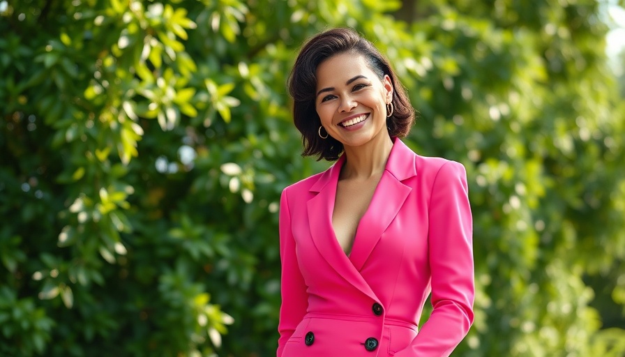 Confident woman in pink suit smiling outdoors with green background.