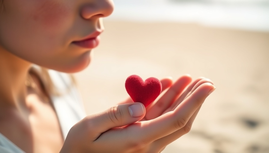 Person holding red heart by the beach, representing wise engagement at work.