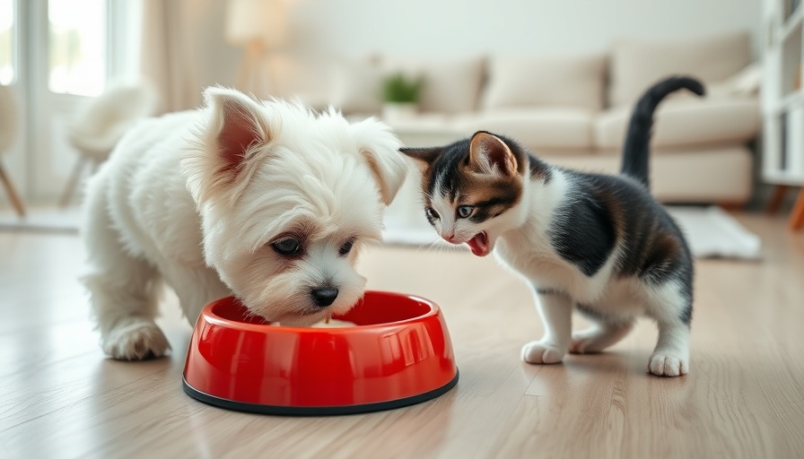 Dog and kitten sharing a meal, a common barrier to healthy pet weight.