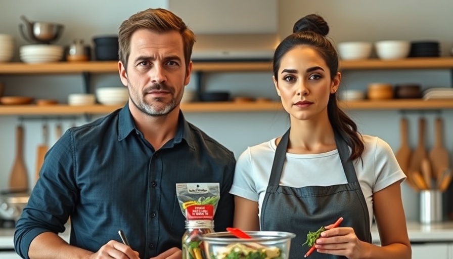 Focused individuals in a kitchen setting presenting meal prepping products.