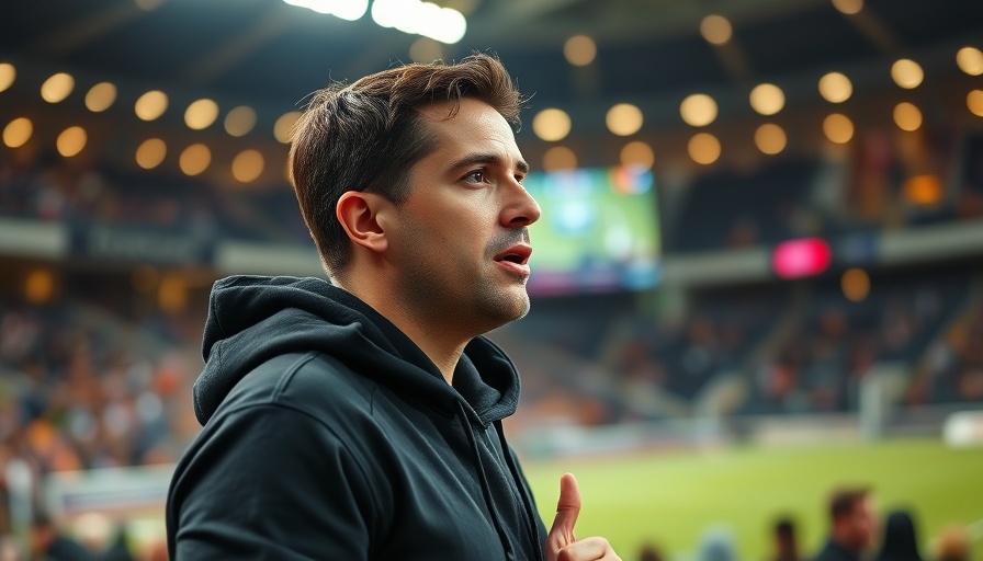Man in black hoodie at sports event, focus on engagement.