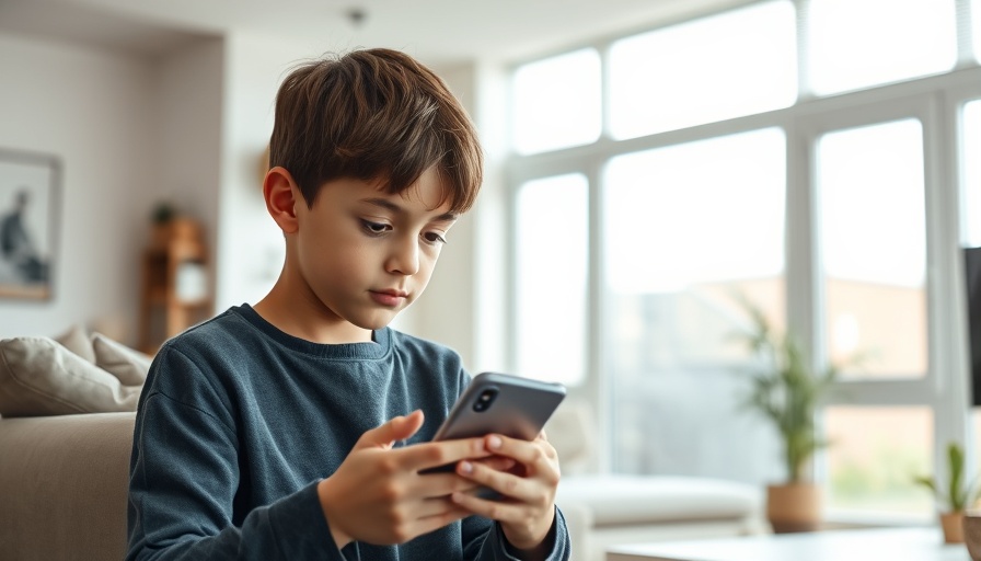 Young boy using smartphone with parental controls in bright room.