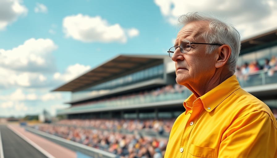 Older man at racetrack event, partly cloudy sky, NASCAR CEO controversy.