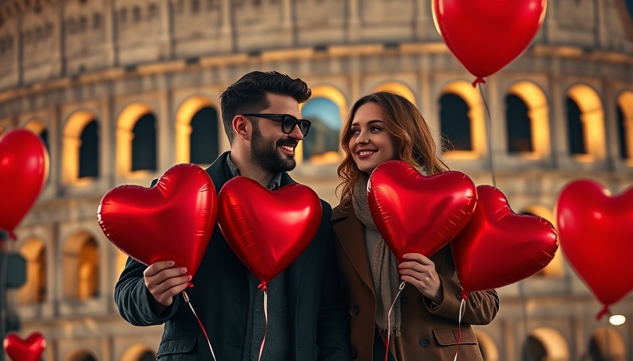 Stylish couple at night with heart balloons by Colosseum.