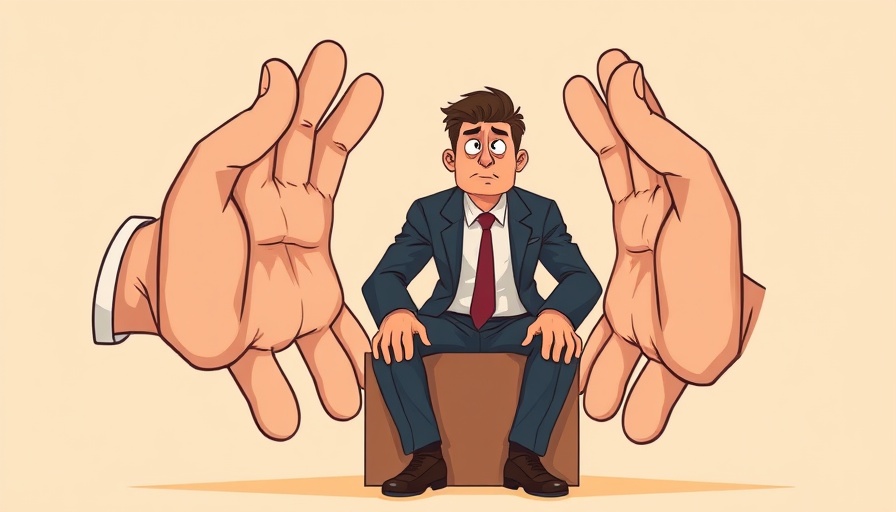 Illustration of workplace bullying with pointing hands and distressed man.