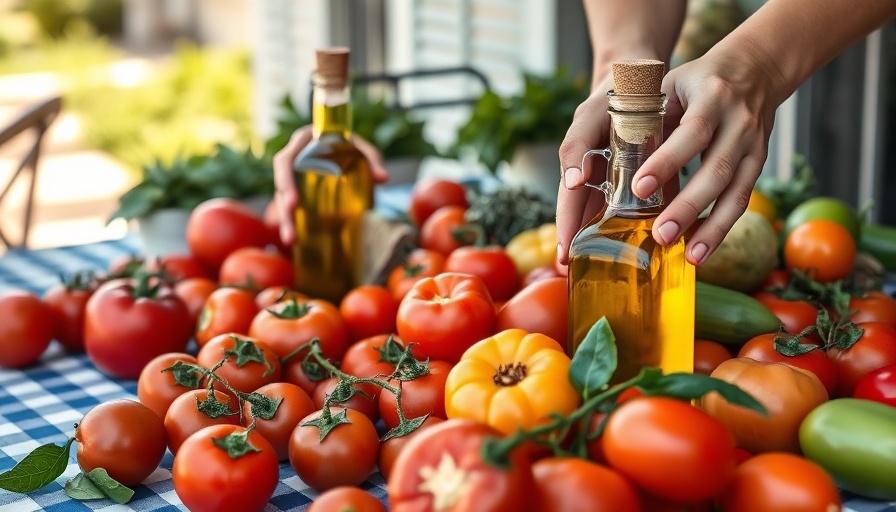 Mediterranean ingredients including tomatoes and olive oil on a table.