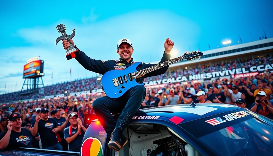 Rajah Caruth celebrating NASCAR win in Nashville with guitar trophy.