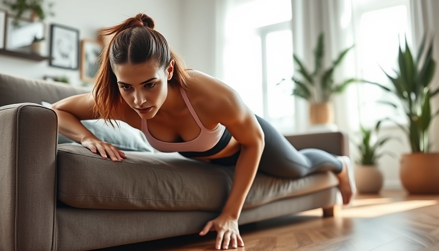 Young woman doing push-ups on a couch as part of a five-minute daily workout.