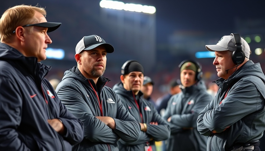 Penn State football staff strategizing on sideline during a game.