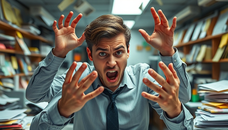 Stressed employee in a chaotic office; toxic workplace leadership.