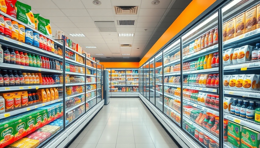 Supermarket aisle displaying ultra-processed foods in a bright refrigerated section.