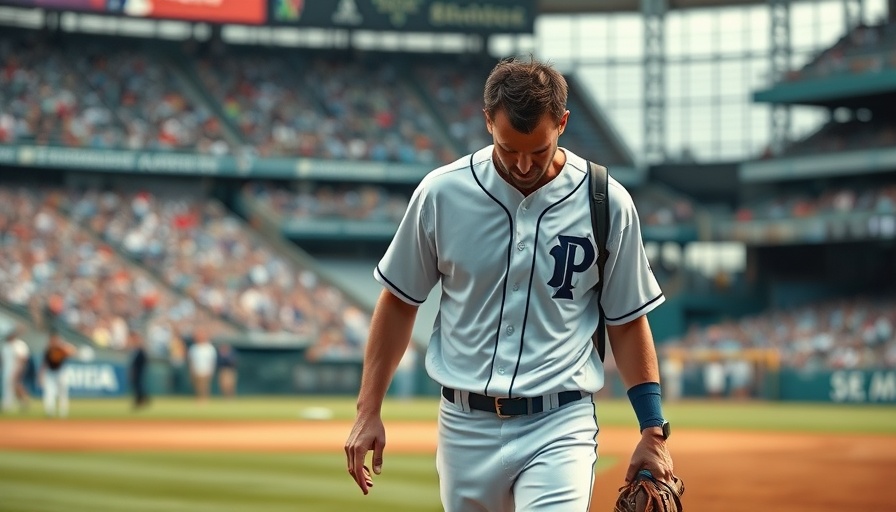 Baseball player in white jersey walks off field with staff, showing pain.