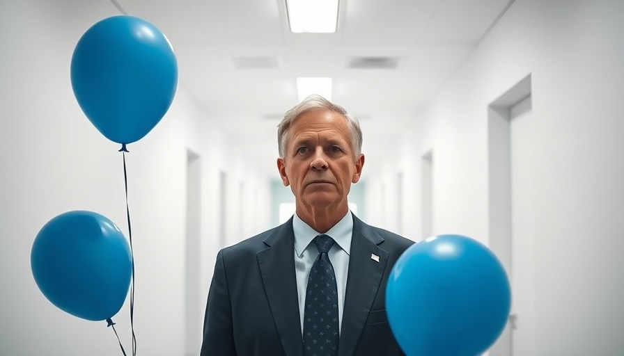 Eerie office scene depicting a man with balloons, highlighting horror of work-life balance.