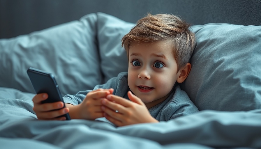 Young boy in bed using a smartphone, expressing surprise, Internet Safety Month for Kids.