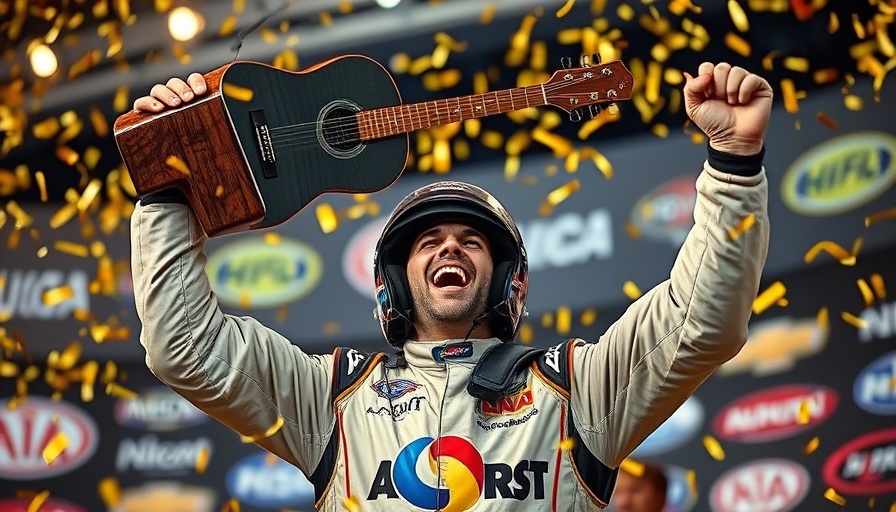 Ryan Blaney celebrating his first win of 2025 with a guitar trophy.