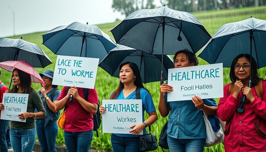 Healthcare workers protesting in the rain for work-life balance.