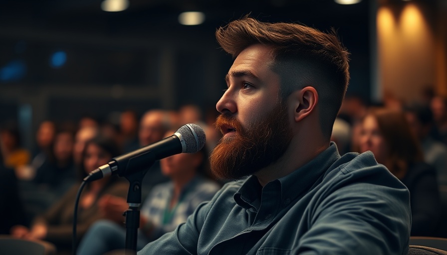 Bearded man speaking in modern setting about the future of work.