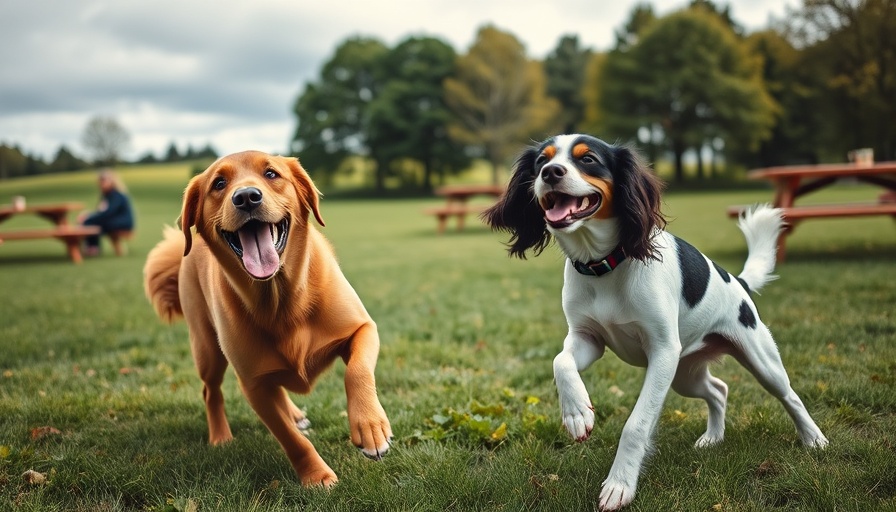 Cheerful dogs playing outdoors in a park, symbolizing keeping pets safe from ticks this summer.