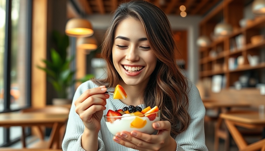 Woman eating fruit yogurt, plant-based diet heart disease diabetes.