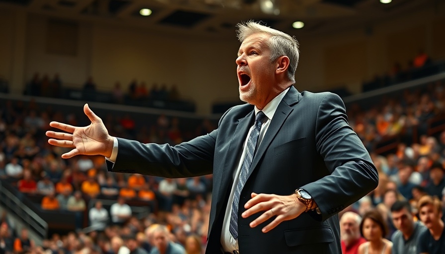 Intense basketball coach making a decision during college game.