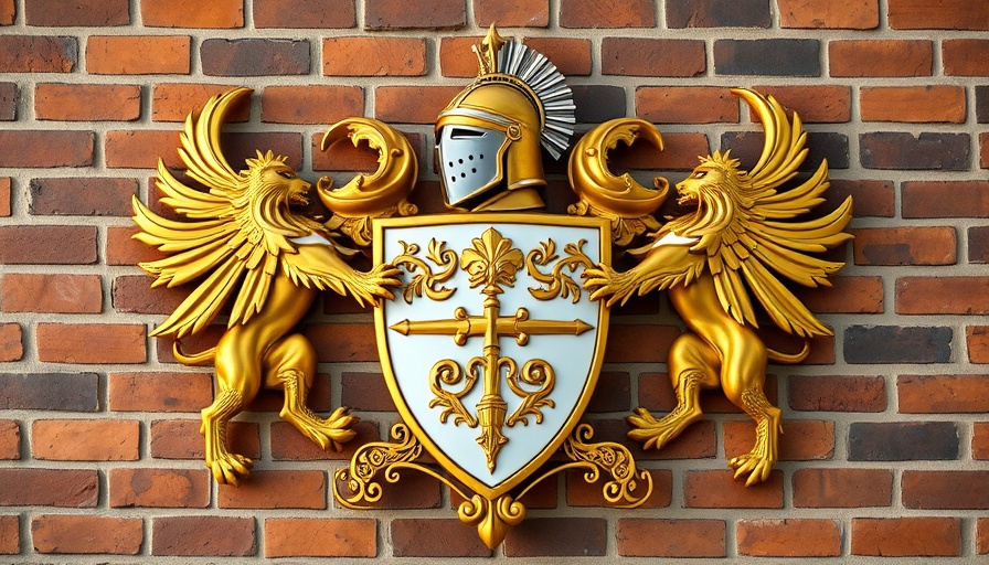 Ornate gold crest on a brick wall related to golf club.