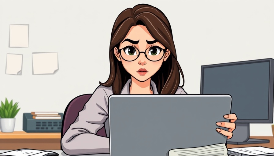 Young woman focusing on work at desk in cartoon style.