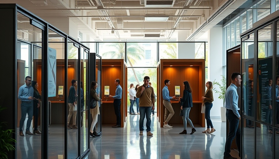 Modern flexible office with stylish phone booths and people.