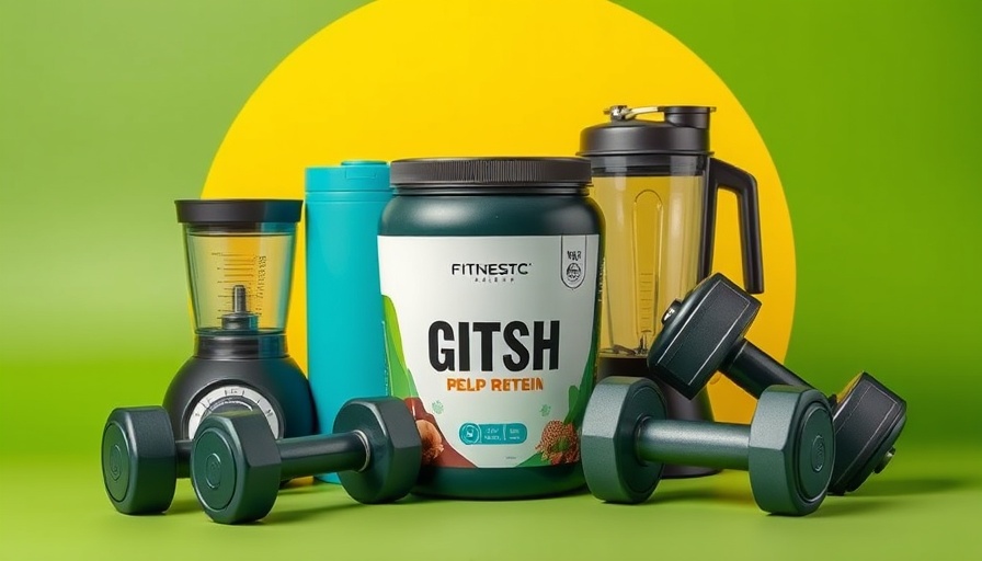 Collection of fitness gifts for Father's Day featuring protein powder, dumbbells, and blender.