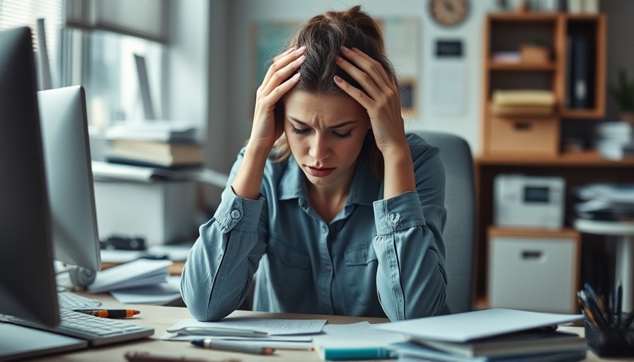 Stressed woman at desk in high-pressure work environment, visualizing mental health challenges.